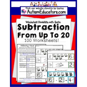 SUBTRACTION Worksheets FROM 20 Following Visual Directions for Autism and Special Needs